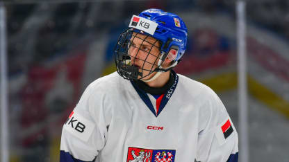 Radim Mrtka #5 of Team Czechia awaits a face-off against Team Canada during the Gold Medal Game of the 2024 Hlinka Gretzky Cup at Rogers Place on August 10, 2024, in Edmonton, Alberta, Canada. (Photo by Leila Devlin/Getty Images)