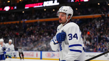 Auston Matthews #34 of the Toronto Maple Leafs reacts after scoring a goal against the Buffalo Sabres during the first period on December 20, 2024 at KeyBank Center in Buffalo, New York. (Photo by Chris Conaway Jr./NHLI via Getty Images)