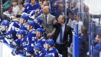 Head coach Jon Cooper of the Tampa Bay Lightning points against the Buffalo Sabres at Amalie Arena on March 6, 2025 in Tampa, Florida. (Photo by Mike Carlson/NHLI via Getty Images)