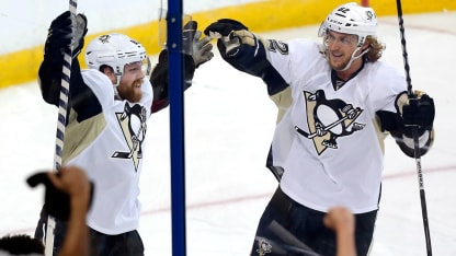Phil Kessel and Carl Hagelin celebrate