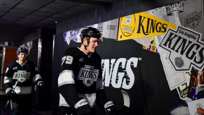 Samuel Helenius #79 of the Los Angeles Kings takes the ice during warm ups prior to the game against the Edmonton Oilers at Crypto.com Arena on April 5, 2025 in Los Angeles, California. (Photo by Gary A. Vasquez/NHLI via Getty Images)