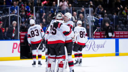 TORONTO, CANADA - FEBRUARY 28: Brady Tkachuk #7 and Linus Ullmark #35 of the Ottawa Senators celebrate a win over the Toronto Maple Leafs at the Scotiabank Arena on February 28, 2026 in Toronto, Ontario, Canada. (Photo by Mark Blinch/NHLI via Getty Images)
