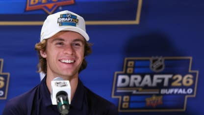 Gavin McKenna attends the 2026 NHL Draft Top Prospects Media Availability on June 25, 2026 at the New Era Cap World Headquarters in Buffalo, New York. (Photo by Bruce Bennett/Getty Images)