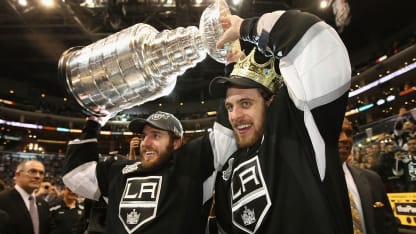 LOS ANGELES, CA - JUNE 11: Mike Richards #10 and Anze Kopitar #11 of the Los Angeles Kings hold the Stanley Cup in celebration after defeating the New Jersey Devils in Game Six of the 2012 Stanley Cup Finals at Staples Center on June 11, 2012 in Los Angeles, California. The Kings defeated the Devils 6-1 to win the series 4 games to 2. (Photo by Christian Petersen/Getty Images)