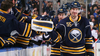 Jochen Hecht #55 of the Buffalo Sabres celebrates his third-period goal against the Ottawa Senators on April 05, 2013 at the First Niagara Center in Buffalo, New York. (Photo by Jen Fuller/Getty Images)