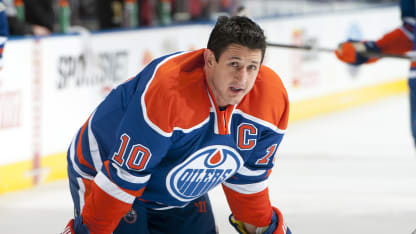Shawn Horcoff #10 of the Edmonton Oilers rests during warm-up before a game against the Colorado Avalanche at Rexall Place on December 9, 2011 in Edmonton, Alberta, Canada. (Photo by Andy Devlin/NHLI via Getty Images)
