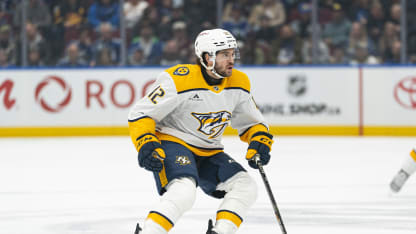 Vinnie Hinostroza #12 of the Nashville Predators skates during NHL action against the Vancouver Canucks on January 3, 2025 at Rogers Arena in Vancouver, Canada. (Photo by Rich Lam/Getty Images)