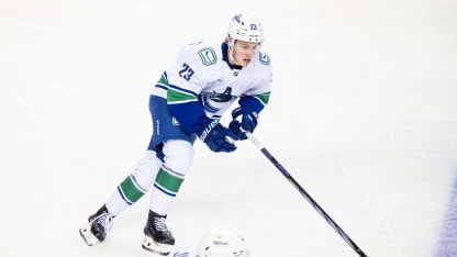 Vancouver Canucks Right Wing Jonathan Lekkerimaki (23) skates during the first period of an NHL preseason game between the Calgary Flames and the Vancouver Canucks on September 28, 2024, at the Scotiabank Saddledome in Calgary, AB. (Photo by Brett Holmes/Icon Sportswire via Getty Images)