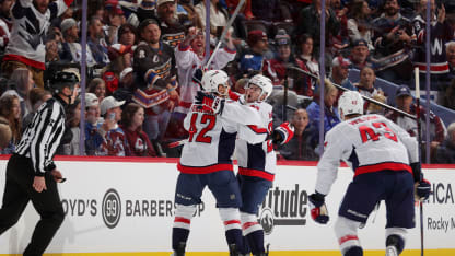 Martin Fehervary #42, Connor McMichael #24 and Tom Wilson #43 of the Washington Capitals celebrate a goal against the Colorado Avalanche at Ball Arena on November 15, 2024 in Denver, Colorado. (Photo by Michael Martin/NHLI via Getty Images)