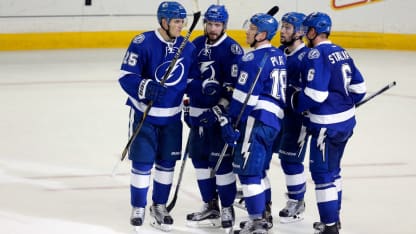 Ondrej Palat #18 of the Tampa Bay Lightning reacts with his teammates