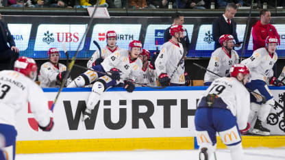 Micke Max Asten of IFK Helsinki ready for his shift during the match between HC Davos and IFK Helsinki at Eisstadion Davos on December 29, 2022 in Davos, Switzerland. , Switzerland. (Photo by Jari Pestelacci/Eurasia Sport Images/Getty Images)