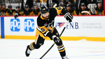 Erik Karlsson #65 of the Pittsburgh Penguins takes a shot during the first period against the Calgary Flames at PPG PAINTS Arena on January 10, 2026 in Pittsburgh, Pennsylvania. (Photo by Joe Sargent/NHLI via Getty Images)