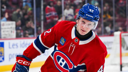 Look on Montreal Canadiens defenseman Adam Engstrom (42) during warm-up before the Philadelphia Flyers versus the Montreal Canadiens game on December 16, 2025, at Bell Centre in Montreal, QC (Photo by David Kirouac/Icon Sportswire via Getty Images)
