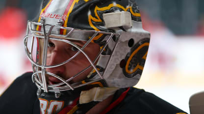 Dan Vladar #80 of the Calgary Flames warms up prior to game against Carolina Hurricanes at Scotiabank Saddledome on October 24, 2024 in Calgary, Alberta, Canada. (Photo by Gerry Thomas/NHLI via Getty Images)