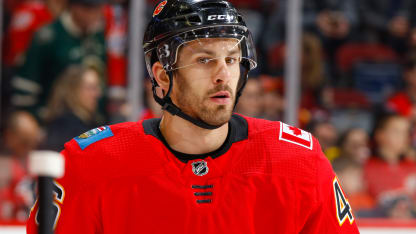 Marek Hrivik #46 of the Calgary Flames at warm up in an NHL game on January 4, 2018 at the Scotiabank Saddledome in Calgary, Alberta, Canada. (Photo by Gerry Thomas/NHLI via Getty Images)