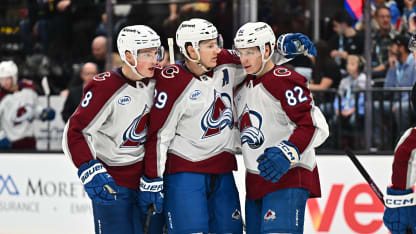 Ivan Ivan #82 of the Colorado Avalanche celebrates his second period goal with teammates Cale Makar #8 and Nathan MacKinnon #29 of the Colorado Avalanche during a game against the Utah Hockey Club on October 24, 2024 at Delta Center in Salt Lake City, Utah. (Photo by Jamie Sabau/NHLI via Getty Images)