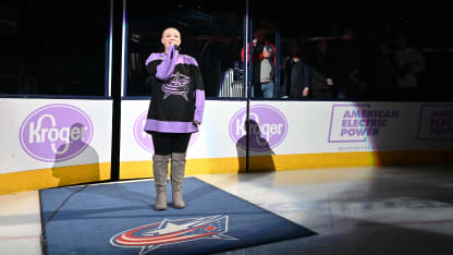 molly oldham blue jackets national anthem hockey fights cancer