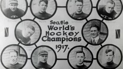 SEATTLE, WA - 1917: The Seattle Metropolitans Stanley Cup winning team in 1917. (Top Row) Harry Holmes, Bobby Rowe, Ed Carpenter and Jack Walker. (Middle Row) Frank Foyston and manager Pete Muldoon. (Bottom Row) Bernie Morris, Cully Wilson, Roy Rickey and Jim Riley. (Photo by B Bennett/Getty Images)