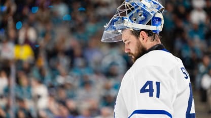 SAN JOSE, CA - APRIL 02: Anthony Stolarz #41 of the Toronto Maple Leafs looks down during a game against the San Jose Sharks on April 2, 2026 at SAP Center at San Jose in San Jose, CA. (Photo by Matthew Huang/Icon Sportswire via Getty Images)