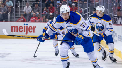 Radim Mrtka #57 of the Buffalo Sabres skates up ice against the Detroit Red Wings during the first period of a pre-season game at Little Caesars Arena on September 25, 2025 in Detroit, Michigan. (Photo by Dave Reginek/Getty Images)