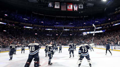 The Columbus Blue Jackets wave to their fans after defeating the New York Islanders in their final game of the season at Nationwide Arena on April 17, 2025 in Columbus, Ohio. Columbus defeated New York 6-1. (Photo by Kirk Irwin/NHLI via Getty Images)