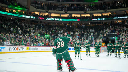 Marc-Andre Fleury #29 of the Minnesota Wild salutes the crowd at the end of the game during Game Six of the First Round of the 2025 Stanley Cup Playoffs at Xcel Energy Center on May 01, 2025 in St Paul, Minnesota. (Photo by Luke Schmidt/NHLI via Getty Images)