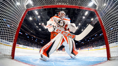 Lukas Dostal #1 of the Anaheim Ducks prepares to tends net against the New York Islanders at UBS Arena on October 29, 2024 in Elmont, New York. The Ducks defeated the Islanders 3-1. (Photo by Bruce Bennett/Getty Images)