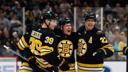 BOSTON, MASSACHUSETTS - MARCH 31: Henri Jokiharju #20 of the Boston Bruins celebrates his goal against the Dallas Stars with teammate Hampus Lindholm #27, Morgan Geekie #39 and Lukas Reichel #75 during the third period at the TD Garden on March 31, 2026 in Boston, Massachusetts. The Bruins won 6-3. (Photo by Richard T Gagnon/Getty Images)