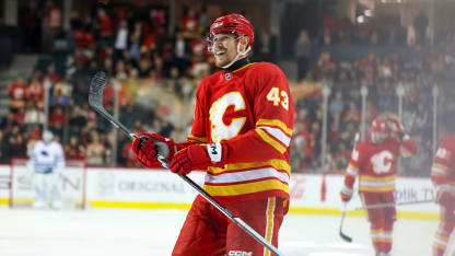 Adam Klapka #43 of the Calgary Flames celebrates his first NHL goal during the first period against the San Jose Sharks at the Scotiabank Saddledome on April 18, 2024, in Calgary, Alberta, Canada. (Photo by Leah Hennel/Getty Images)