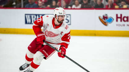 Dylan Larkin #71 of the Detroit Red Wings handles the puck during the second period against the Carolina Hurricanes at Lenovo Center on February 28, 2026 in Raleigh, North Carolina. (Photo by Josh Lavallee/NHLI via Getty Images)