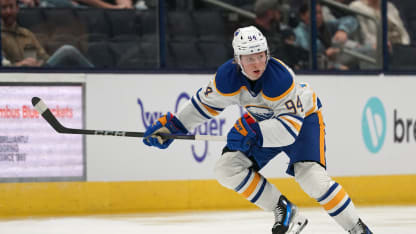 Konsta Helenius #94 of the Buffalo Sabres skates with the puck during the preseason game against the Columbus Blue Jackets at Nationwide Arena on September 28, 2024 in Columbus, Ohio. (Photo by Jason Mowry/Getty Images)