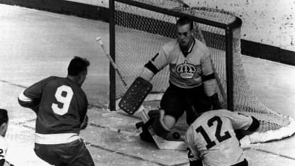 Goalie Wayne Rutledge #1 of the Los Angeles Kings makes the save on Gordie Howe #9 of the Detroit Red Wings as Brian Campbell #12 of the Kings follows the play on November 5, 1967 at the Detroit Olympia in Detroit, Michigan. (Photo by Bruce Bennett Studios via Getty Images Studios/Getty Images)