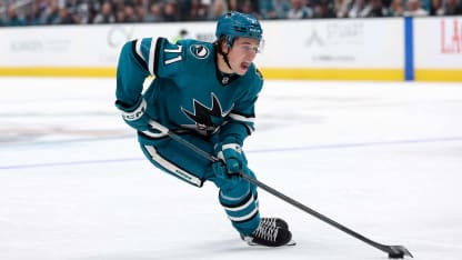 Macklin Celebrini #71 of the San Jose Sharks skates on the ice during their game against the St. Louis Blues at SAP Center on October 10, 2024 in San Jose, California