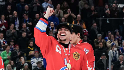 Sven Andrighetto of ZSC Lions Zurich celebrates the victory during the medal ceremony after the Champions Hockey League Final 2025 between ZSC Lions Zurich and Farjestad Karlstad at Swiss Life Arena on February 18, 2025 in Zurich, Switzerland. (Photo by Daniela Porcelli/Getty Images)