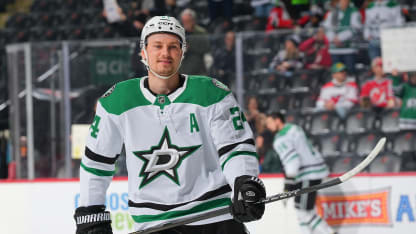 Roope Hintz #24 of the Dallas Stars skates during warm up prior to the game against the New Jersey Devils at Prudential Center on February 22, 2025 in Newark, New Jersey. (Photo by Rich Graessle/NHLI via Getty Images)