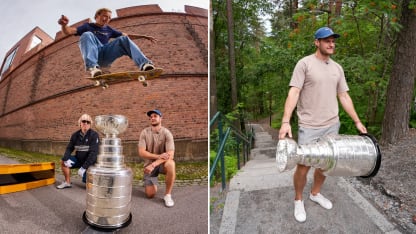 Aleksander Barkov skateboard trick day with Cup