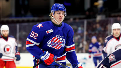 Rochester Americans center Anton Wahlberg (92) on the ice during the first period of the American Hockey League game between the Rochester Americans and Cleveland Monsters on November 6, 2024, at Rocket Mortgage FieldHouse in Cleveland, OH. (Photo by Frank Jansky/Icon Sportswire via Getty Images)