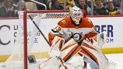 Anaheim Ducks goaltender Ville Husso (33) tends net during the second period in the NHL game between the Pittsburgh Penguins and the Anaheim Ducks on December 9, 2025, at PPG Paints Arena in Pittsburgh, PA. (Photo by Jeanine Leech/Icon Sportswire via Getty Images)