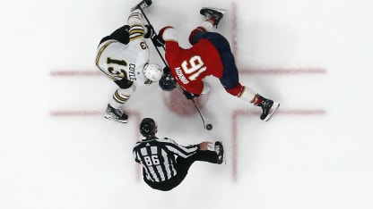 Aleksander Barkov #16 of the Florida Panthers wins the face-off from Charlie Coyle #13 of the Boston Bruins in Game Five of the Second Round of the 2024 Stanley Cup Playoffs at the Amerant Bank Arena on May 14, 2024 in Sunrise, Florida. (Photo by Joel Auerbach/Getty Images)