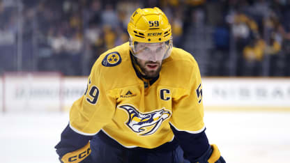 NASHVILLE, TENNESSEE - MARCH 19: Roman Josi #59 of the Nashville Predators looks on during the first period against the Seattle Kraken at Bridgestone Arena on March 19, 2026 in Nashville, Tennessee. (Photo by Johnnie Izquierdo/Getty Images)