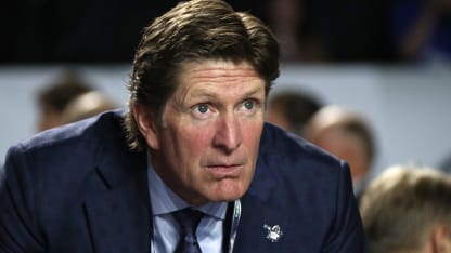 Head coach Mike Babcock of the Toronto Maple Leafs looks on from the team draft table during Rounds 2-7 of the 2019 NHL Draft at Rogers Arena on June 22, 2019 in Vancouver, Canada. (Photo by Dave Sandford/NHLI via Getty Images)