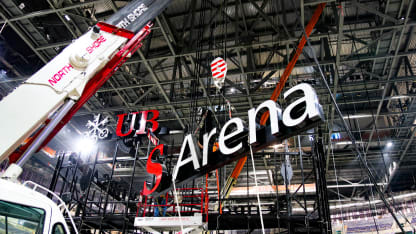 UBS Arena signage installed on center-hung scoreboard
