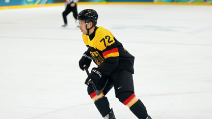 Dominik Kahun #72 of Team Germany skates in the first period during the Men's Preliminary Group C match between Germany and Latvia on day eight of the Milano Cortina 2026 Winter Olympic games at Milano Rho Ice Hockey Arena on February 14, 2026 in Milan, Italy. (Photo by Gregory Shamus/Getty Images)