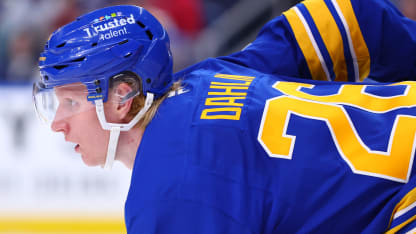 Rasmus Dahlin #26 of the Buffalo Sabres prepares for a face-off during an NHL game against the Vancouver Canucks on January 06, 2026 at KeyBank Center in Buffalo, New York. (Photo by Bill Wippert/NHLI via Getty Images)