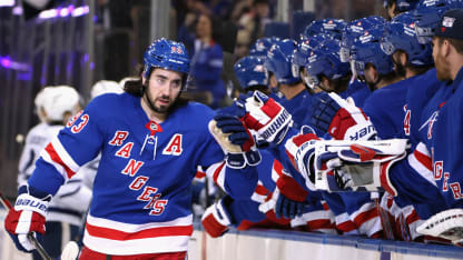 Mika Zibanejad #93 and the New York Rangers celebrate his first period goal against the Toronto Maple Leafs at Madison Square Garden on February 28, 2025 in New York City. (Photo by Bruce Bennett/Getty Images)