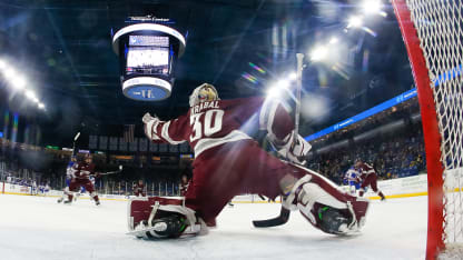 Michael Hrabal #30 of the Massachusetts Minutemen tends goal against the UMass Lowell River Hawks during the third period during NCAA men's hockey at the Tsongas Center on March 1, 2024 in Lowell, Massachusetts. The Minutemen won 2-1 in overtime. (Photo by Richard T Gagnon/Getty Images)