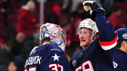 Connor Hellebuyck #37 of Team United States is congratulated by Jack Eichel #9 after their 3-1 win in the 4 Nations Face-Off game between the United States and Canada at Bell Centre on February 15, 2025 in Montreal, Quebec. (Photo by Andre Ringuette/4NFO/World Cup of Hockey via Getty Images)