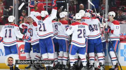 Canadiens celebrate win badge Laflamme
