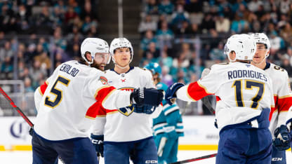 Florida Panthers defenseman Aaron Ekblad (5) celebrates a goal in the first period during a NHL game on January 25, 2025 at SAP Center at San Jose in San Jose, CA. (Photo by Matthew Huang/Icon Sportswire via Getty Images)