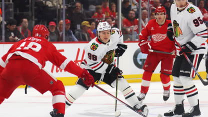 Connor Bedard #98 of the Chicago Blackhawks plays against the Detroit Red Wings at Little Caesars Arena on January 10, 2025 in Detroit, Michigan. (Photo by Gregory Shamus/Getty Images)